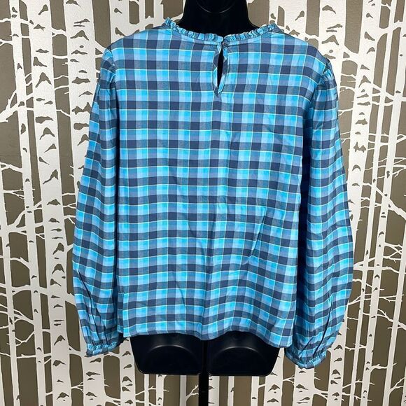 a.n.a NEW “Hallie” Blue Plaid Balloon Sleeve Ruffled Collar Pullover Top - Picture 2 of 5